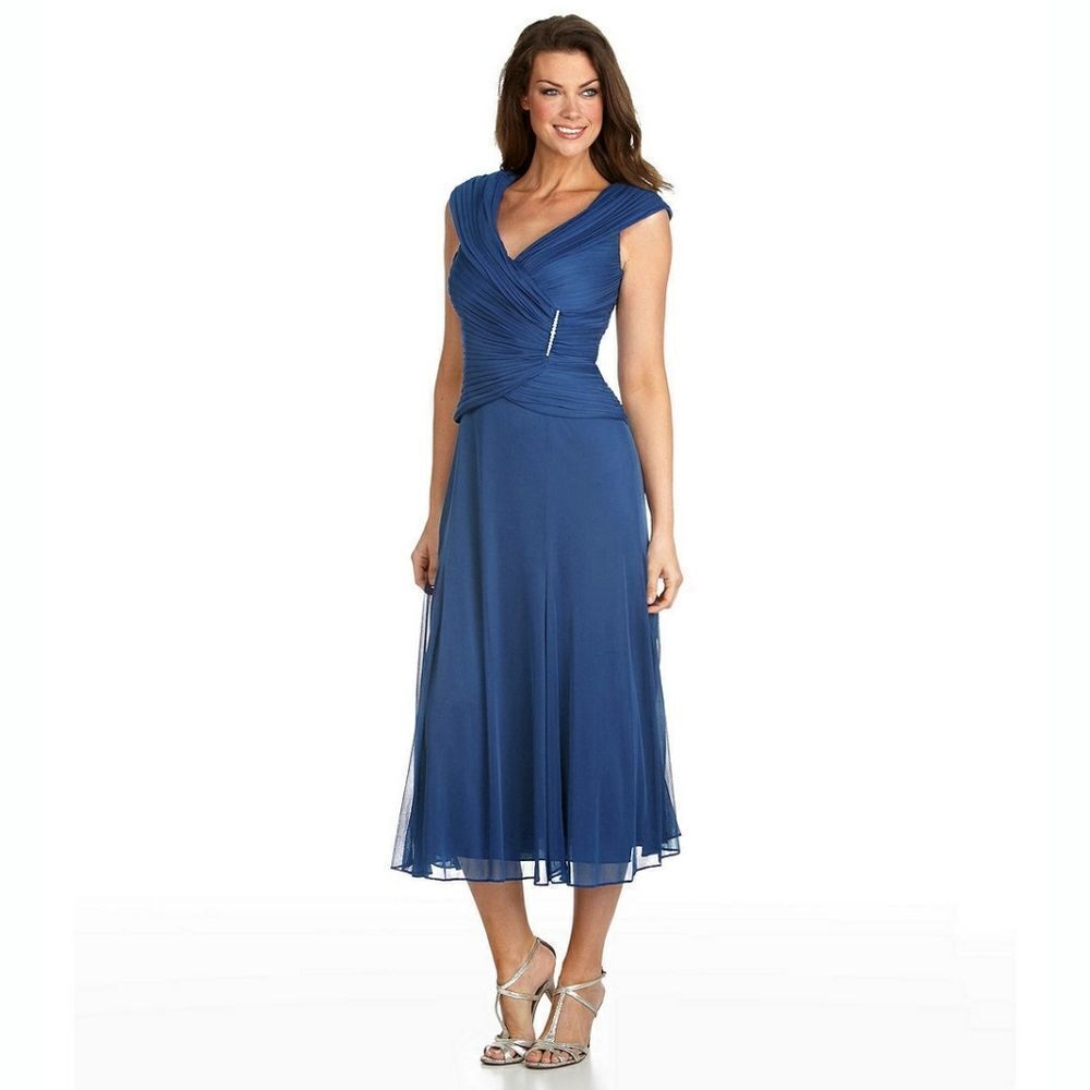New! ALEX EVENINGS Pleated Bodice Rhinestone Brooch Blue Midi Dress Size 12